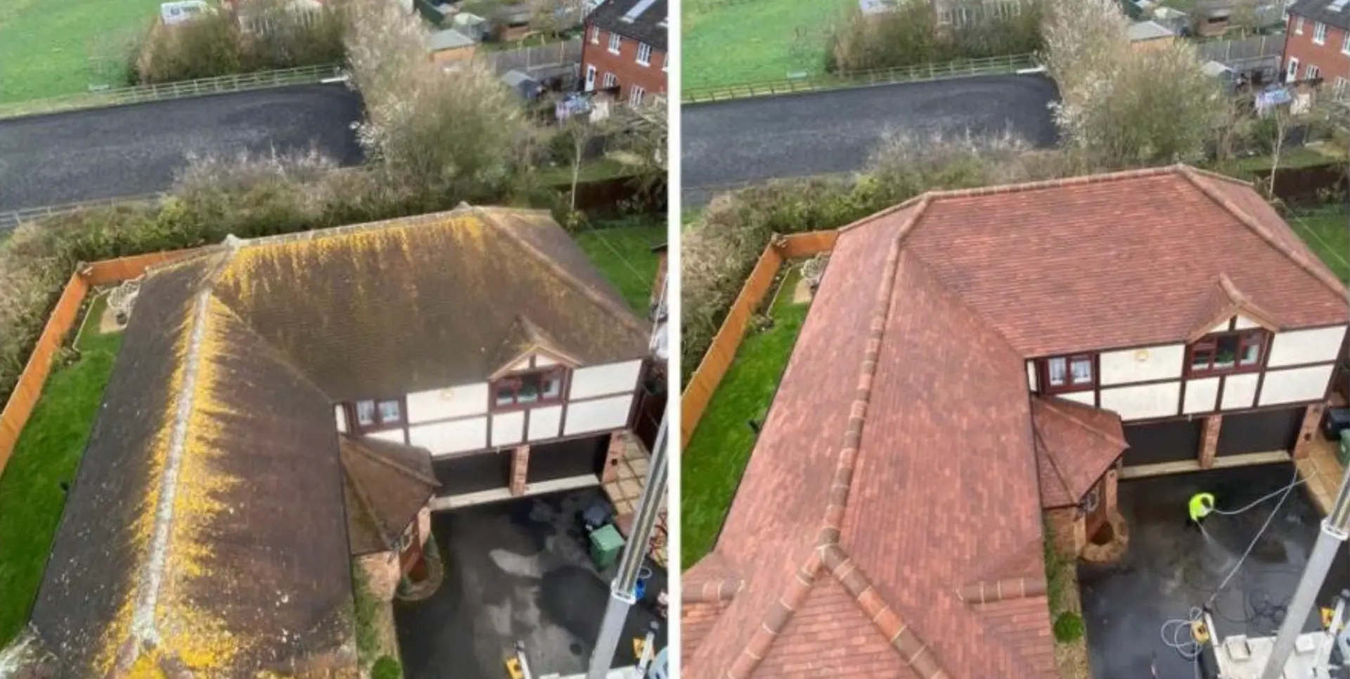 Residential roof before and after deep power-wash cleaning, moss and grime removed to reveal clean tiles